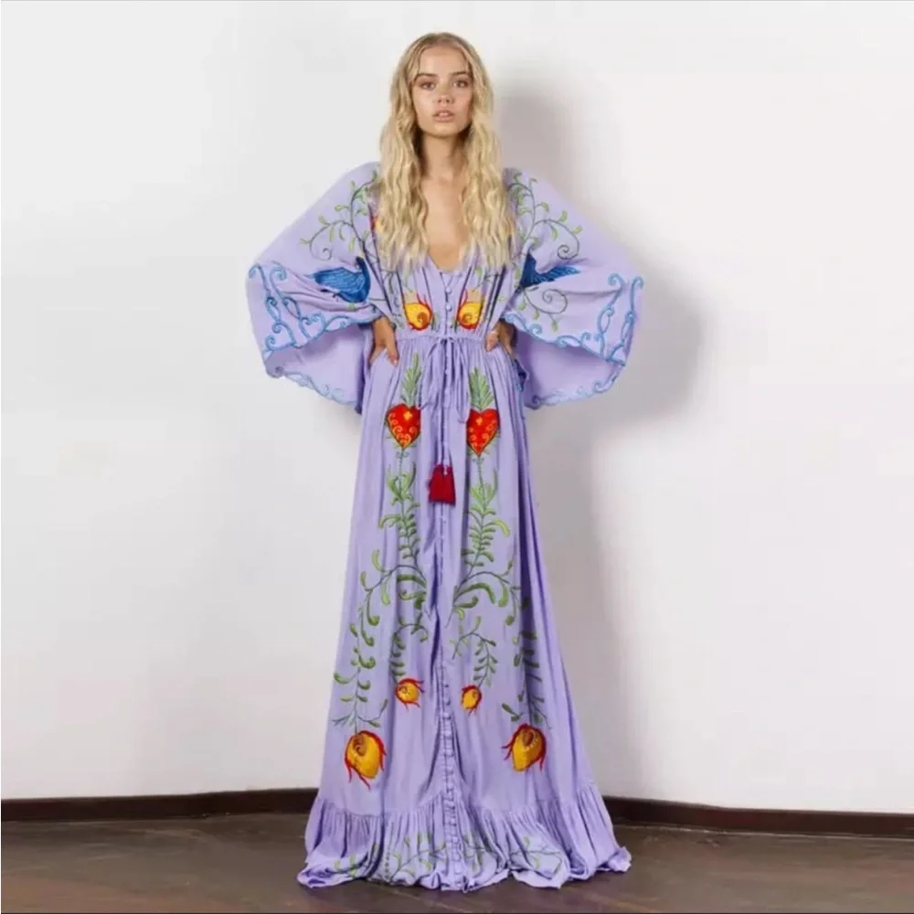 #99 New! 5 STAR Bohemian Kimono Embroidered Maxi Dress - Picture 3 of 7